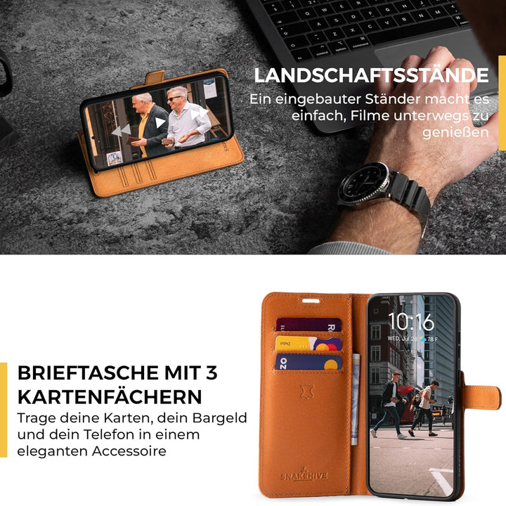 Snakehive Lederhülle für Galaxy S23 Plus | Stylische Handyhülle mit Kartenhalter & Standfuss | Handy