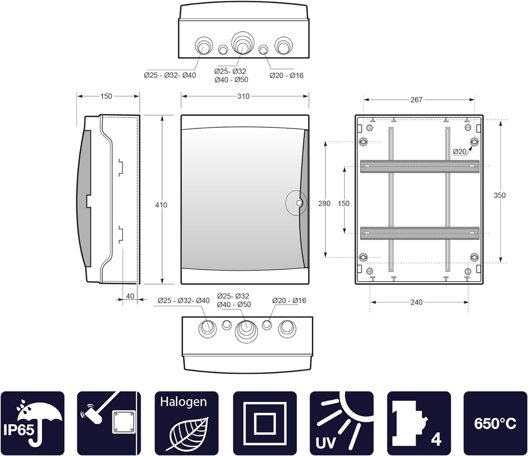 FAMATEL – Aufputzschrank Acqua IP65 I 26 Elemente I 409 x 307 x 150 I Lichtdurchlässige Tür