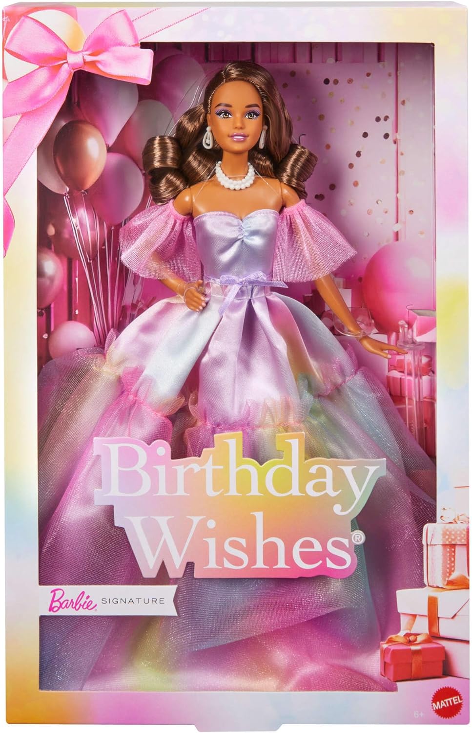 Barbie Signature Birthday Wishes Modepuppe mit braunen Haaren in einem Kleid mit pastellfarbenem Reg