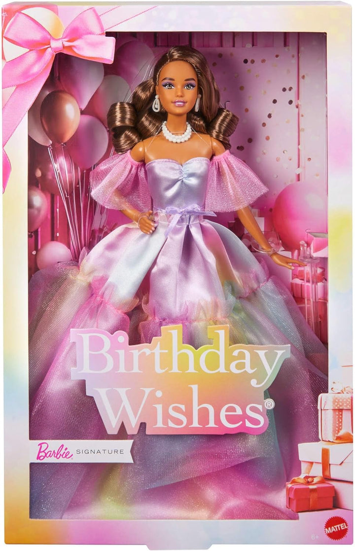 Barbie Signature Birthday Wishes Modepuppe mit braunen Haaren in einem Kleid mit pastellfarbenem Reg