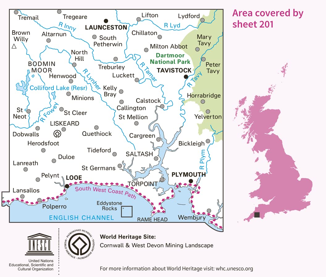 Plymouth & Launceston, Tavistock & Looe (OS Landranger Map, Band 201), Karte