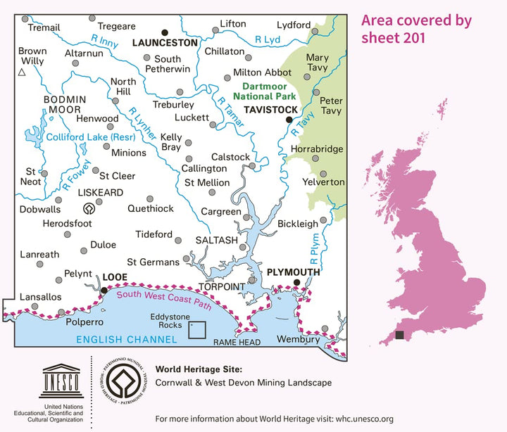 Plymouth & Launceston, Tavistock & Looe (OS Landranger Map, Band 201), Karte