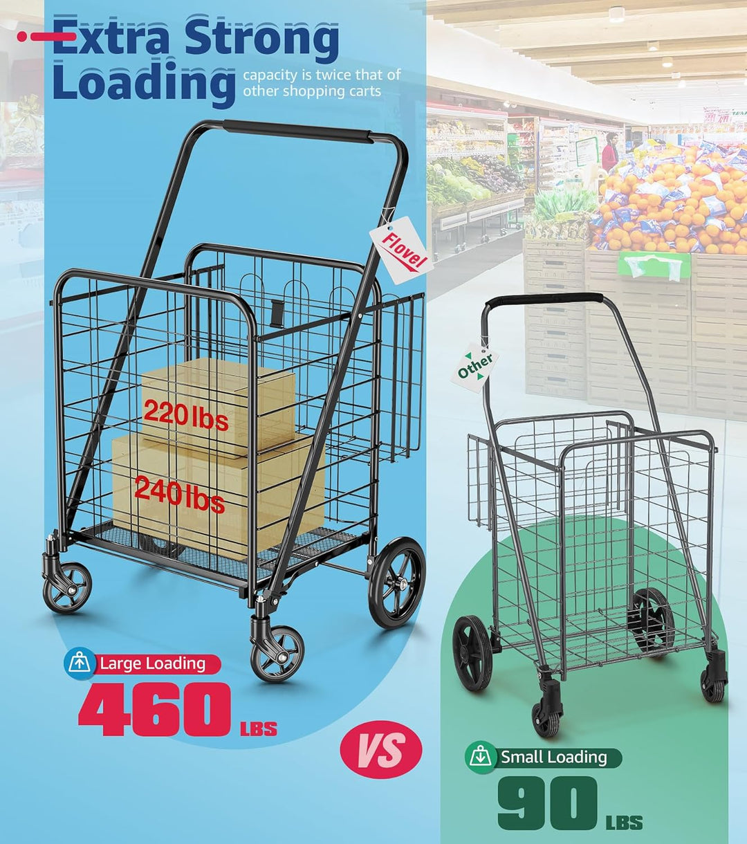 Einkaufstrolley Klappbar Jumbo 150 kg – Schwerlast Einkaufswagen mit 360° Rollen &amp; Doppelkorb, Faltb