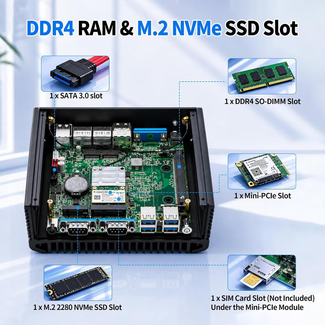 Fanless Mini PC N150 (N100 Upgrade), DDR4 8GB RAM 128GB NVMe SSD, 2 LAN 4 COM Lüfterlos Industrie PC