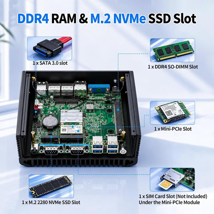 Fanless Mini PC N150 (N100 Upgrade), DDR4 8GB RAM 128GB NVMe SSD, 2 LAN 4 COM Lüfterlos Industrie PC