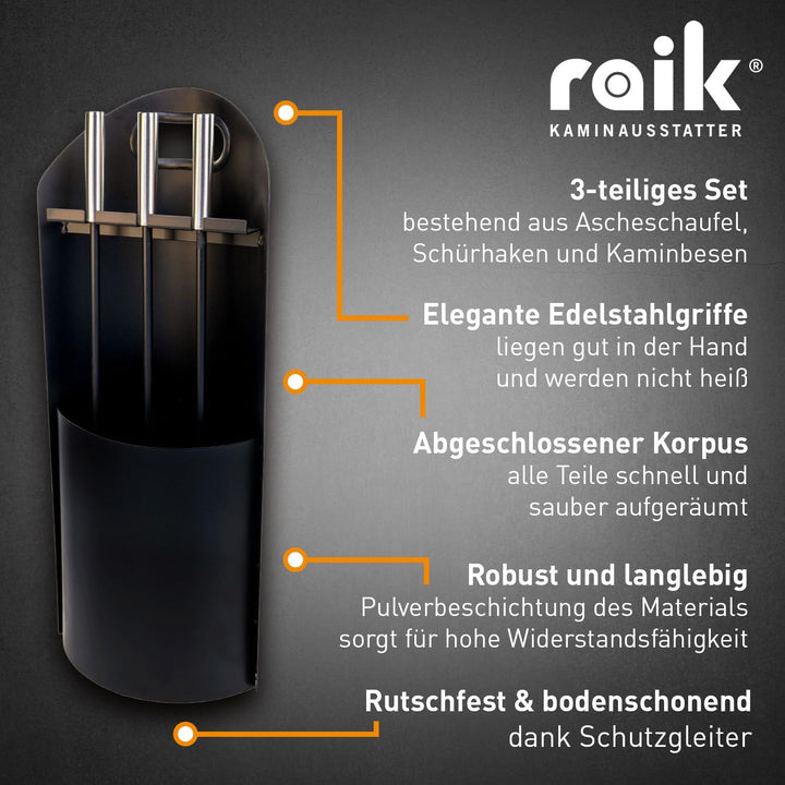 raik Kaminbesteck Ludwig 4-teilig mit Schürhaken Kaminschaufel Kaminbesen und Besteckhalter aus Stah
