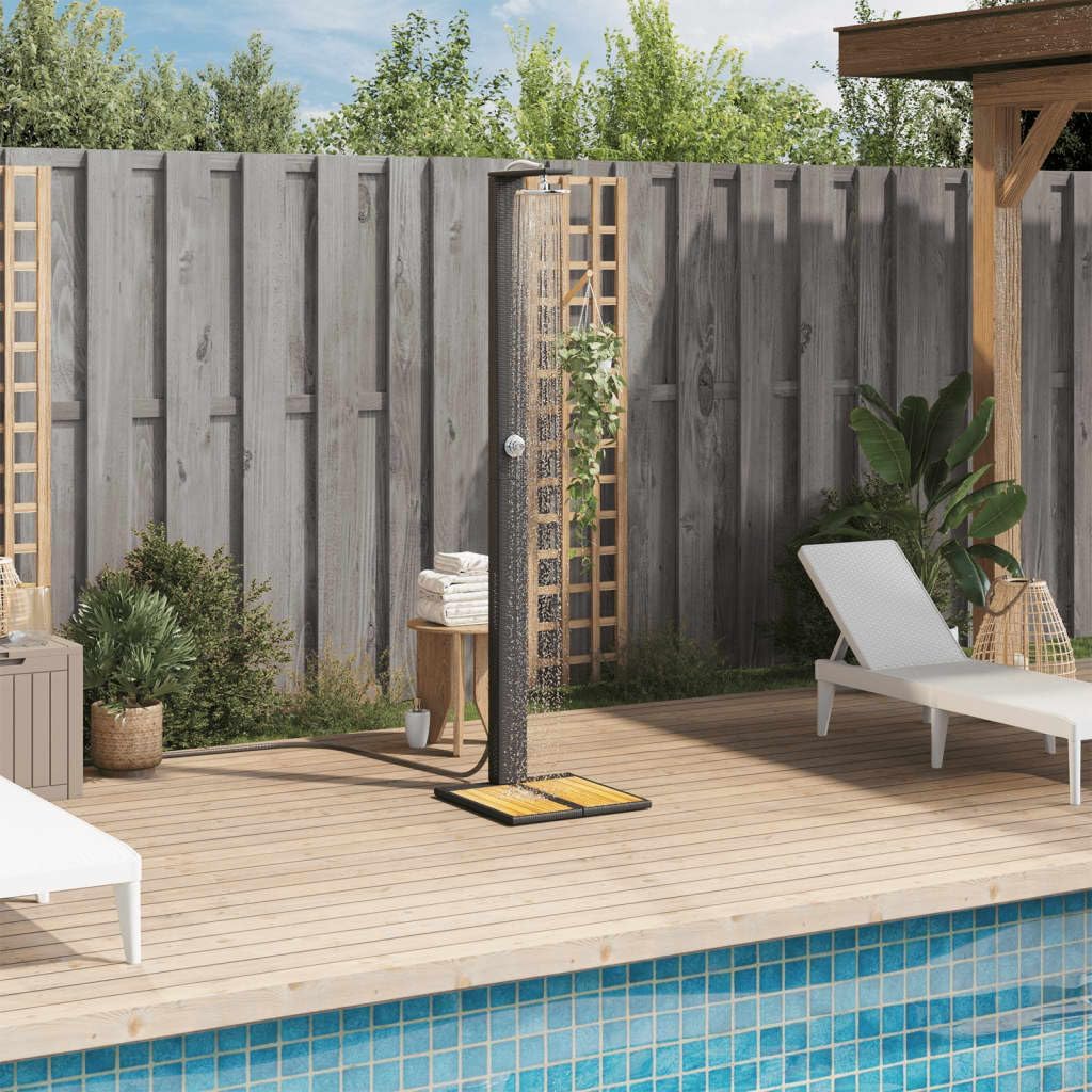 Faroom Rattan Gartendusche mit 180° Regenduschkopf Grosser Pooldusche mit Lattenboden Outdoor Dusche
