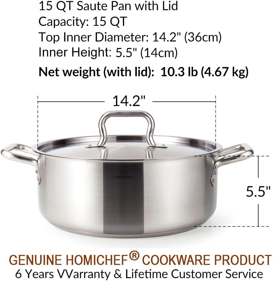 HOMICHEF 14L 36cm Schmorpfanne nickelfrei Edelstahl mattpoliert 14.2 Liter Bratpfanne aus Silbernem