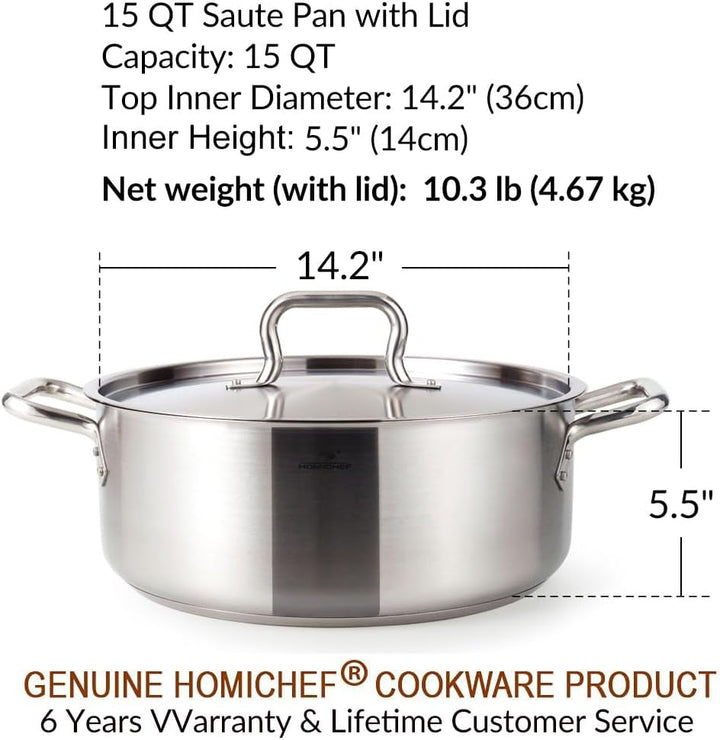 HOMICHEF 14L 36cm Schmorpfanne nickelfrei Edelstahl mattpoliert 14.2 Liter Bratpfanne aus Silbernem
