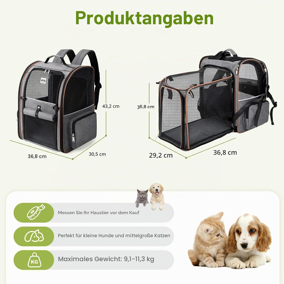 Lekebobor Extra grosser Katzen-Rucksack, erweiterbar, Haustier-Tragerucksack für kleine bis mittelgr