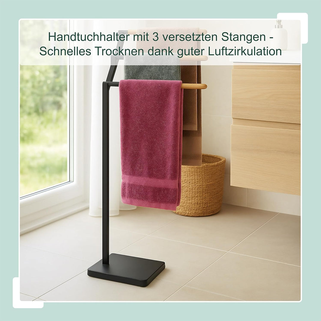 Relaxdays Handtuchständer, HBT: 75 x 38,5 x 18 cm, Metall, Bambus, 3 Stangen, Handtuchhalter stehend