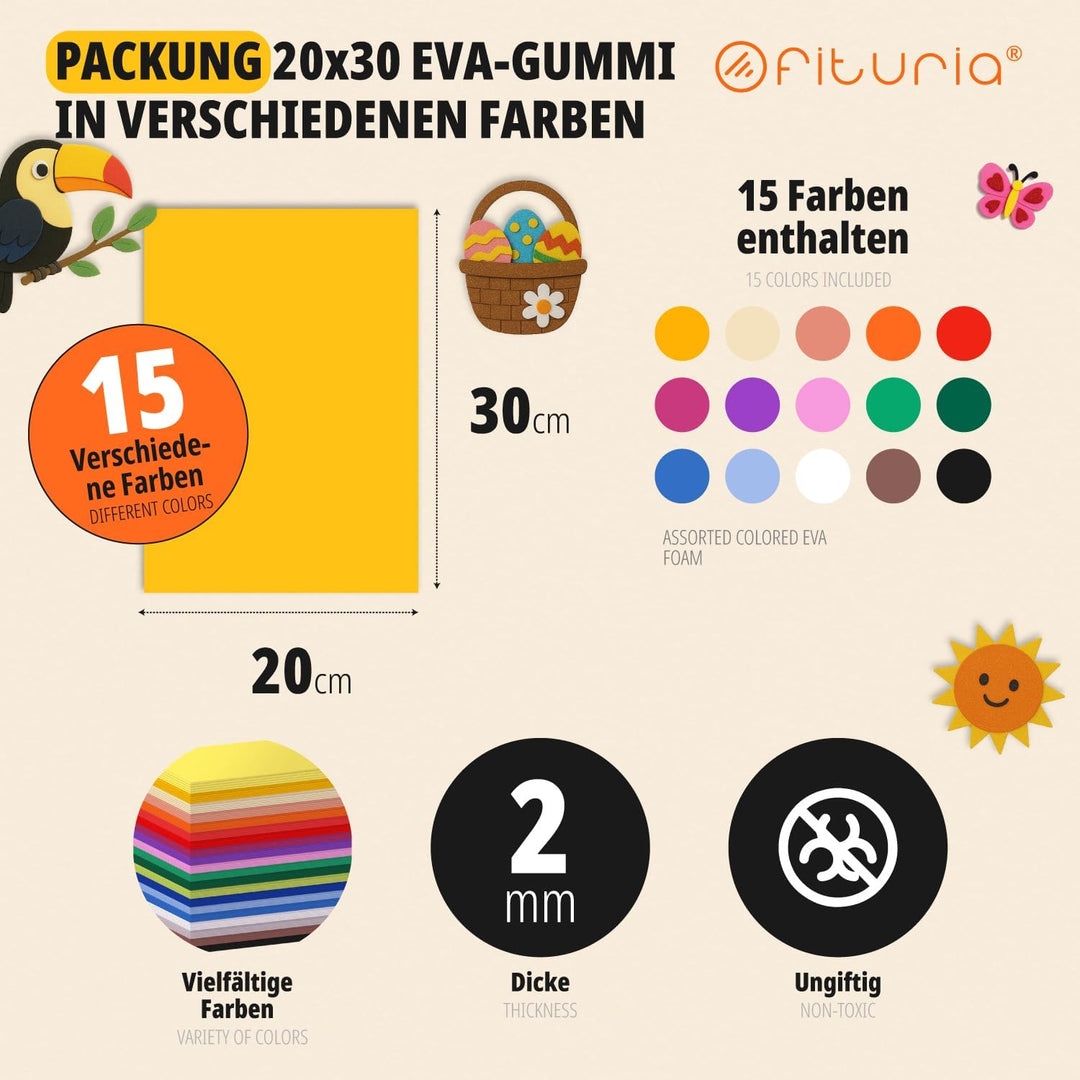 OFITURIA 100 Blatt Moosgummi Set, Bunte Farben, Format 20x30 cm – Ideal für Bastelprojekte, DIY, Sch