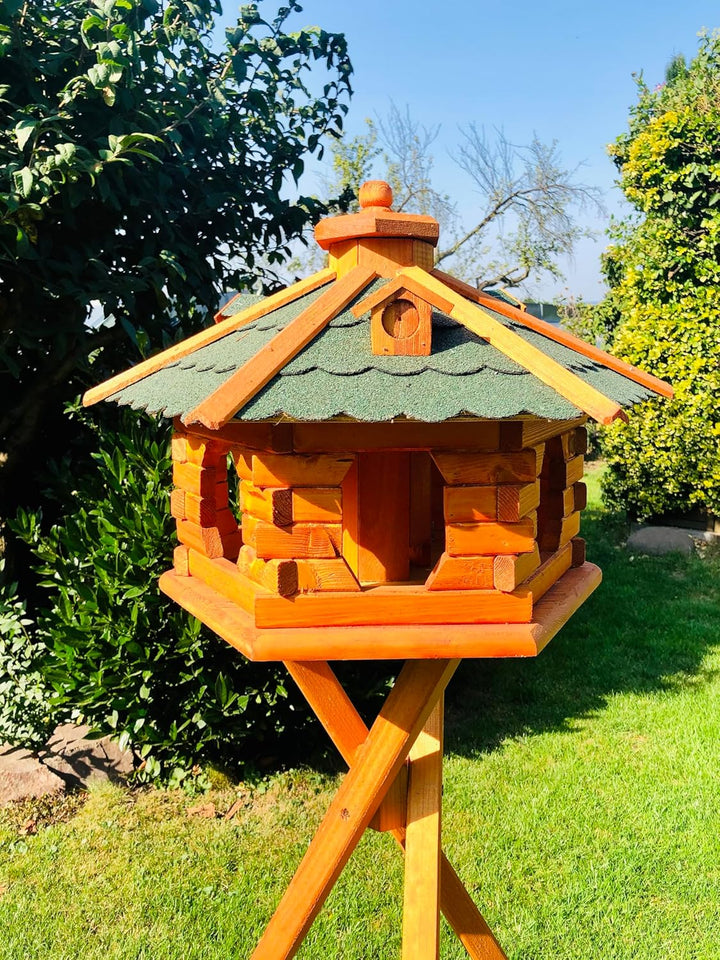 DARLUX Handgefertigtes Sechseck Vogelhaus aus Holz wetterfest M - XXL mit und ohne Ständer I Futterh