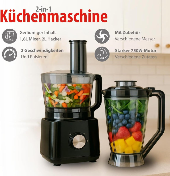 alpina Küchenmaschine FP413GS - Mixer Smoothie Maker 1.8L - Food Processor mit Schneidemesser und Ra