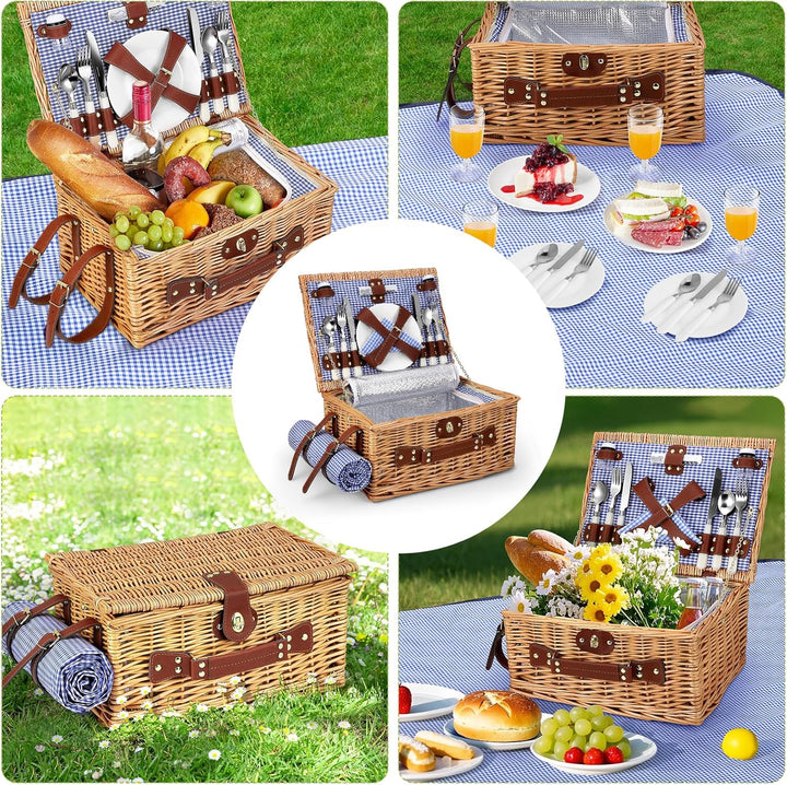 Picknickkorb für 4 Personen, handgeflochtener Korb mit eingebauter Isolierung und wasserdichter Deck