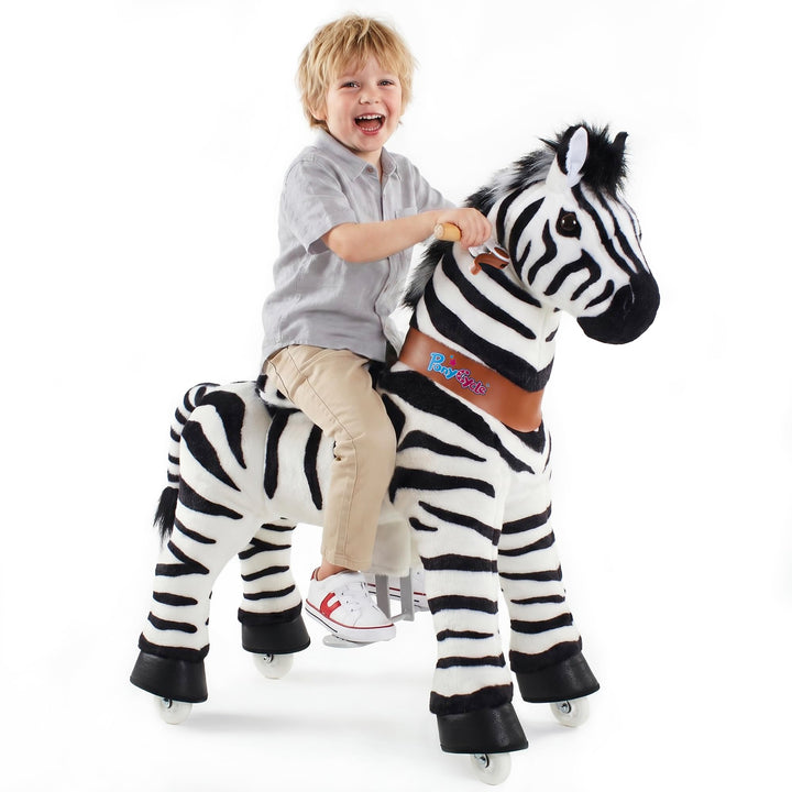 PonyCycle Zebra Pferd zum Reiten, für Kinder 4–7 Jahre, 76cm Hoch, Reitpferd auf Rollen mit Handbrem
