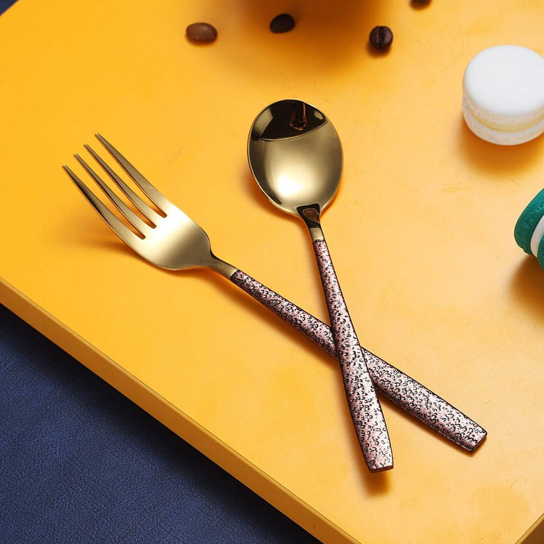 Berglander Besteck Set 24 Stück mit Mondoberfläche Griff und glänzendem Goldmund Titanbeschichtung,