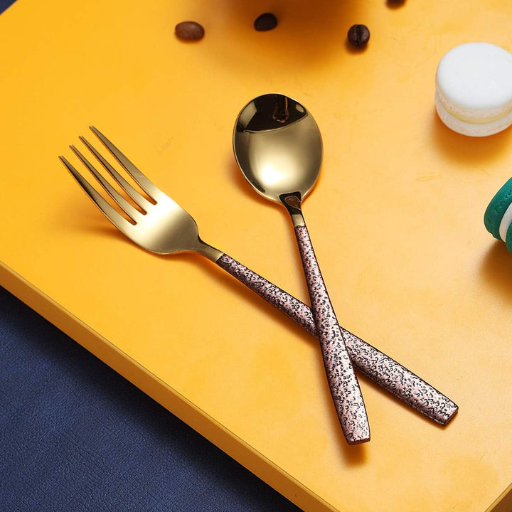 Berglander Besteck Set 24 Stück mit Mondoberfläche Griff und glänzendem Goldmund Titanbeschichtung,
