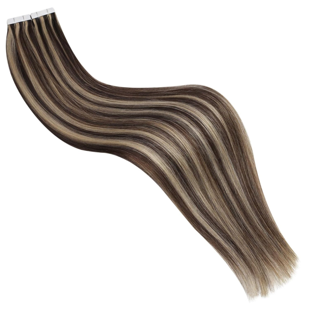 Ugeat 55cm Tape in Extensions Echthaar Gesträhnt Dunkelbraun mit Karamell P4/27 Extension Echthaar T