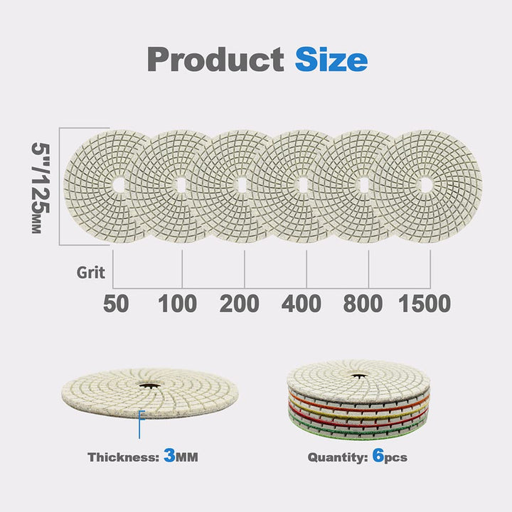 Nasse Diamant Polierscheibe - HIGHDRIL 6 Stück 125MM (#50#100#200#400#800#1500) diamant schleifpad f