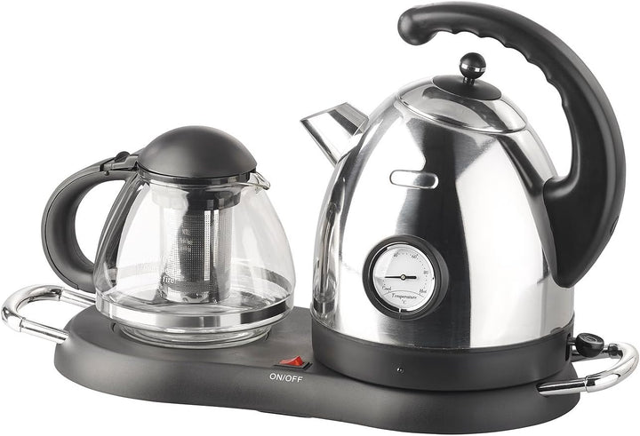 Rosenstein &amp; Söhne Teekanne elektrisch: Edelstahl-Wasserkocher WSK-300.set mit Teekanne (Tee Bereite