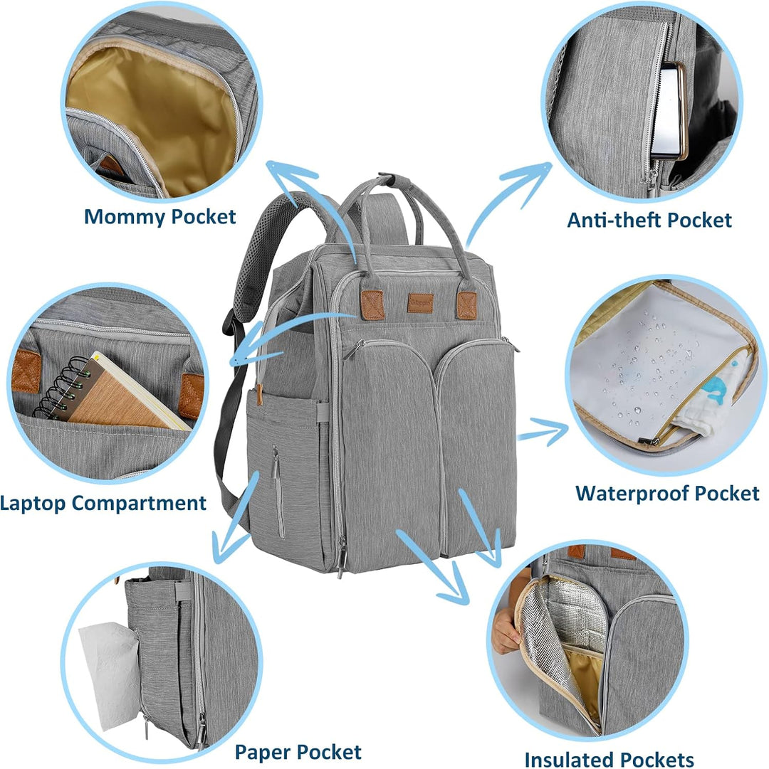 Gloppie Wickeltasche Rucksack Baby Wickelrucksack mit Tragbarer Wickelauflage und Kinderwagengurten,