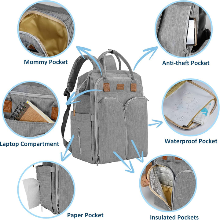 Gloppie Wickeltasche Rucksack Baby Wickelrucksack mit Tragbarer Wickelauflage und Kinderwagengurten,