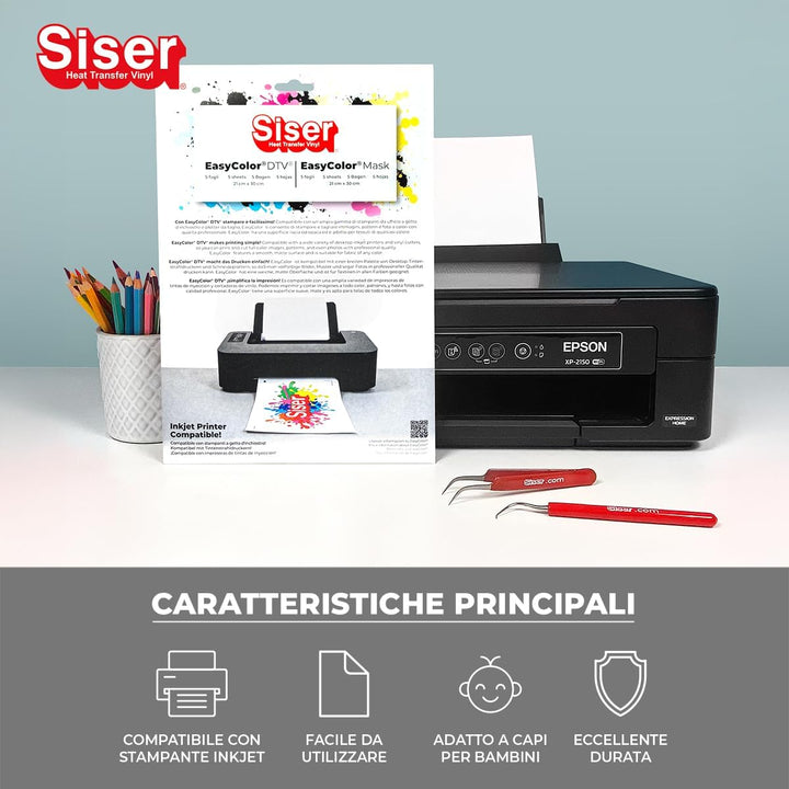 Siser® Easy Color DTV Pack 5+5 Thermotransferfolie, bedruckbar mit Tintenstrahldrucker, 5 Blatt A4 E