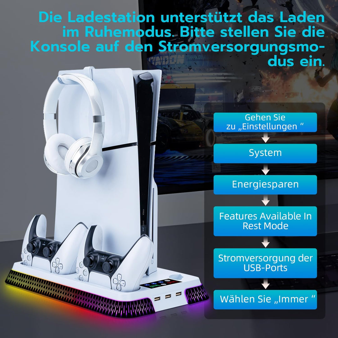 Wigearss PS5/PS5 Slim/PS5 Pro Kühler Standfuss mit Dual Controller Ladegerät, PS5 Controller Ladesta
