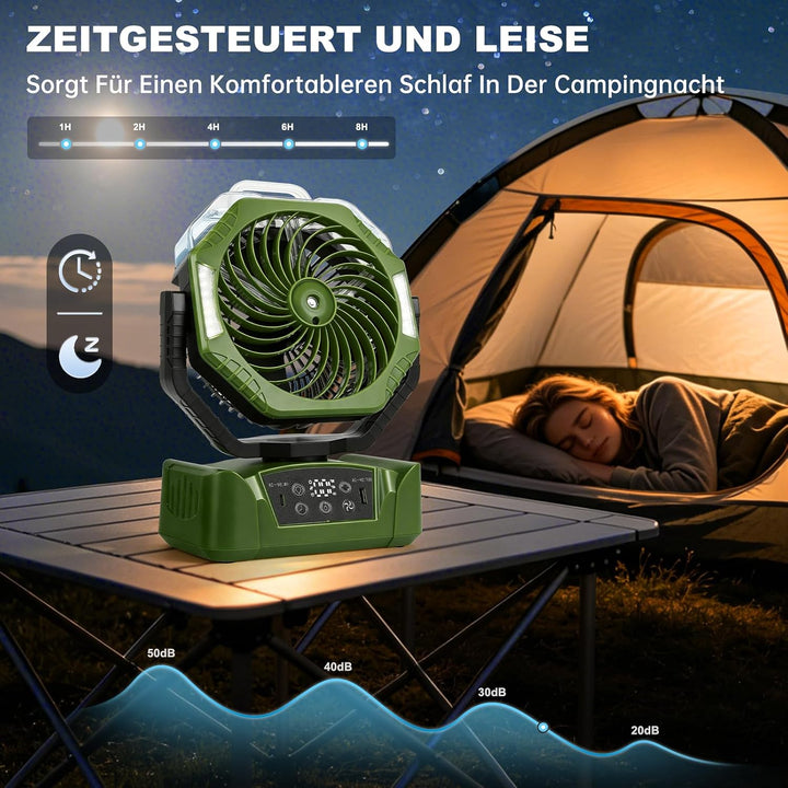 JONRRYIN Camping Ventilator, 20000mAh Akku Ventilator mit Sprühfunktion &amp; USB, Tischventilator mit 3