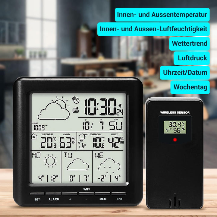 WLAN-Wetterstation mit Aussensensor: 4-Tage-Prognose, App-Zugriff weltweit, Schwarz – Übersichtliche