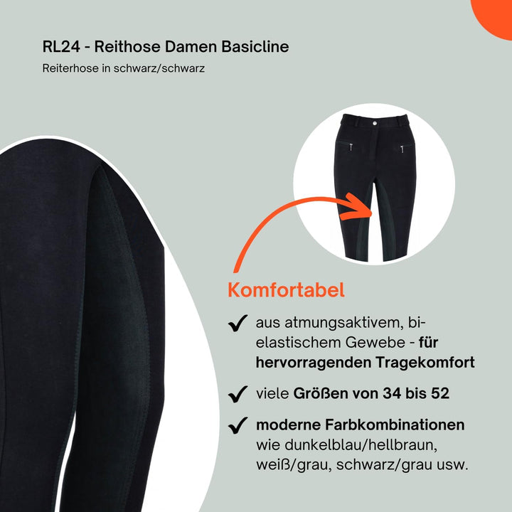 RL24 - Damen Reithose Vollbesatz BASICLINE 46 Schwarz/Schwarz, 46 Schwarz/Schwarz
