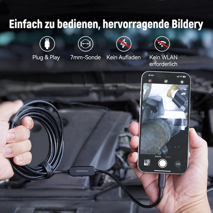 Endoskopkamera mit Licht Handy iPhone, DEPSTECH 7mm Endoskop 2MP HD nur für iPhone/iPad/iOS 12.0+, R