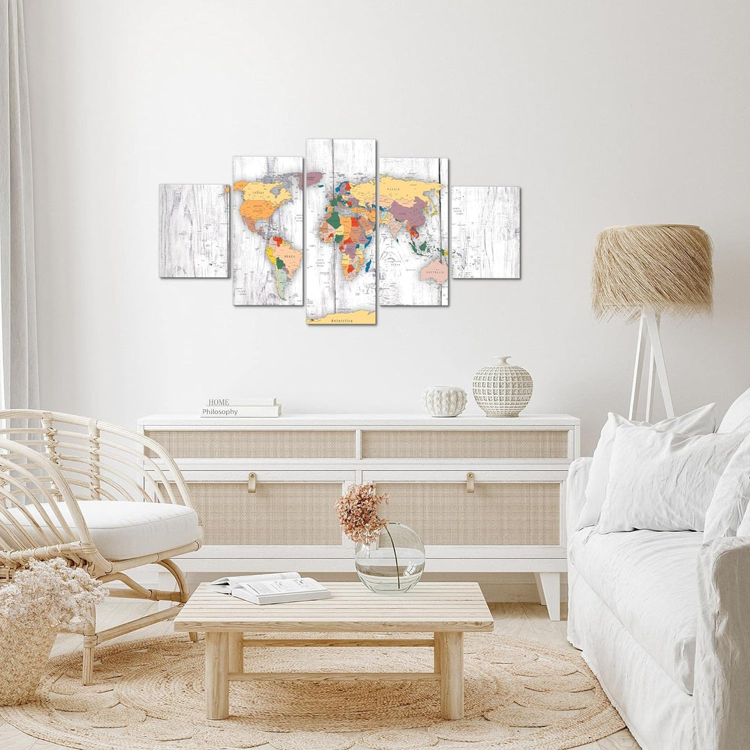 Runa Art Wandbilder Weltkarte Holz 5 Teilig Bild auf Vlies Leinwand Deko Büro Wohnzimmer Kontinente
