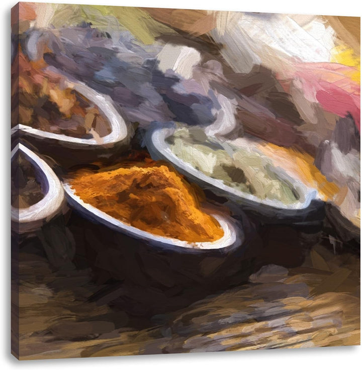 Pixxprint Gewürzvielfalt auf Holztisch als Leinwandbild/Grösse: 70x70 cm/Wandbild/Kunstdruck/fertig