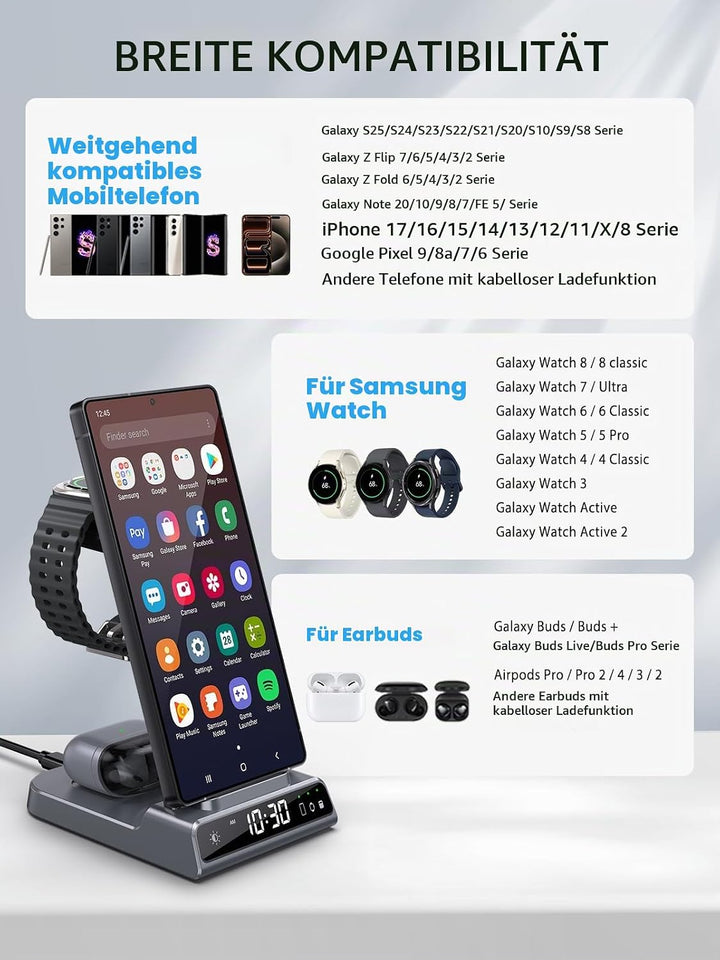 Wireless Charger für Samsung Galaxy S25 Ultra, Induktive Ladestation mit Digitaluhr für Samsung Gala