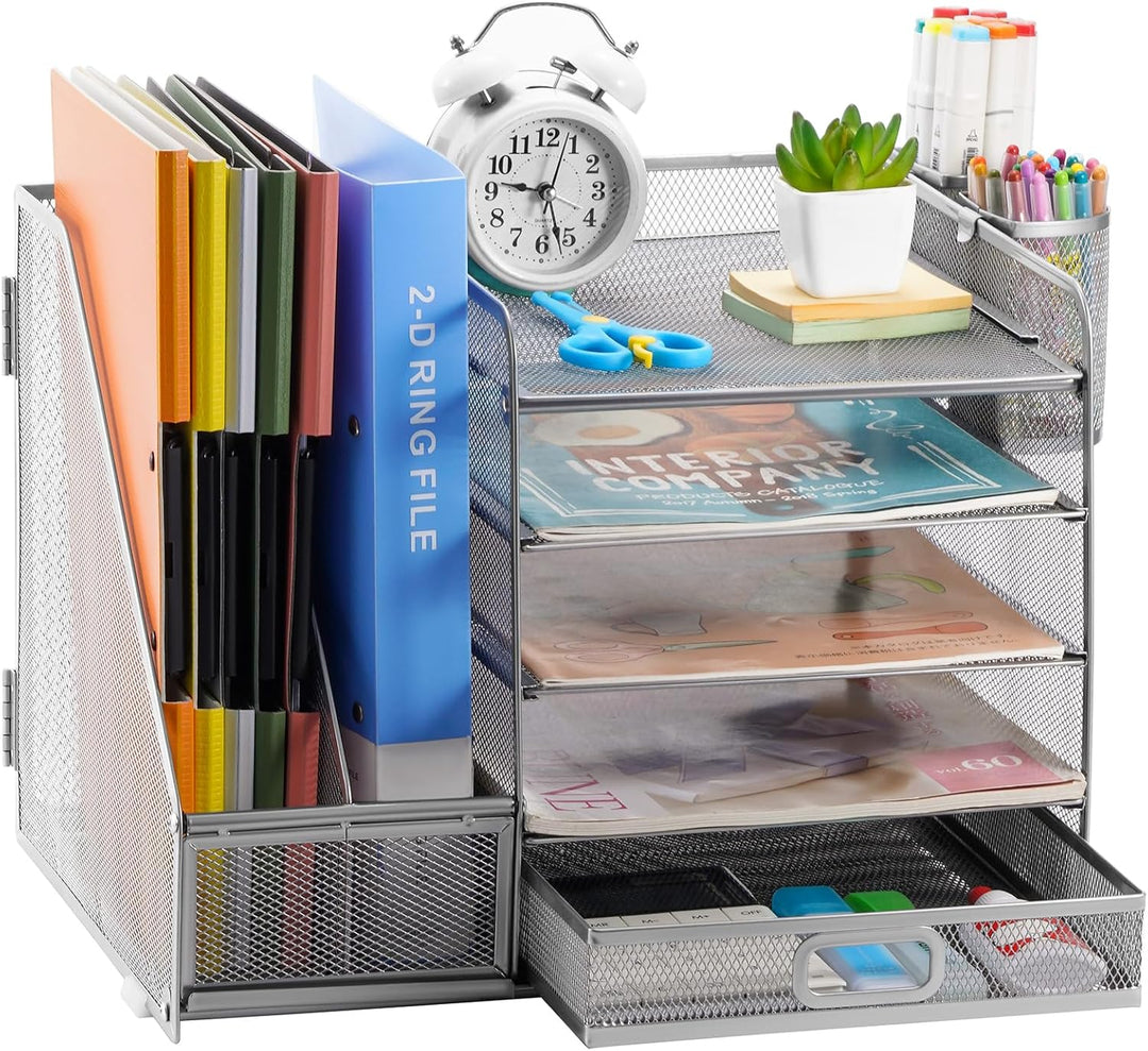 Marbrasse Schreibtisch Organizer mit Aktenhalter, 5 Ebenen Papier Briefablage mit Schublade und 2 St