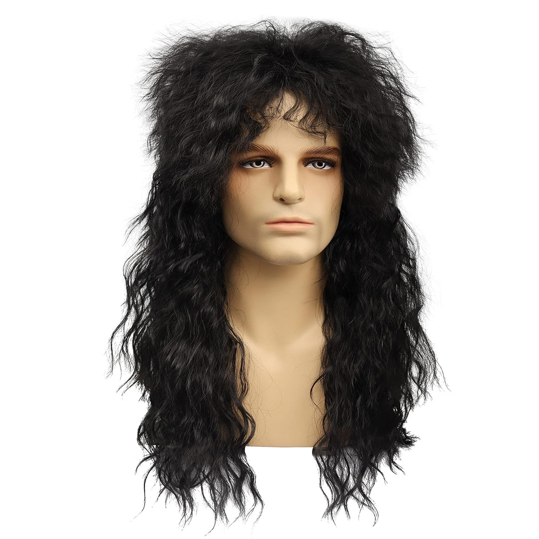 MEIRIYFA Herren 80er Jahre Perücke Lange Lockige Perücke Schwarz Rocker Punk Perücke Vokuhila Perück