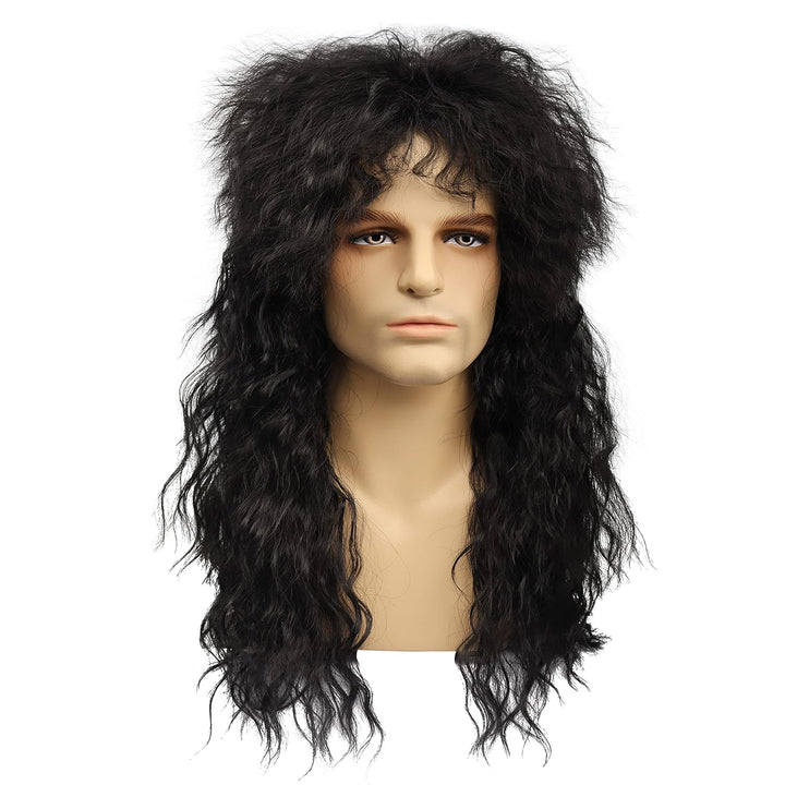 MEIRIYFA Herren 80er Jahre Perücke Lange Lockige Perücke Schwarz Rocker Punk Perücke Vokuhila Perück