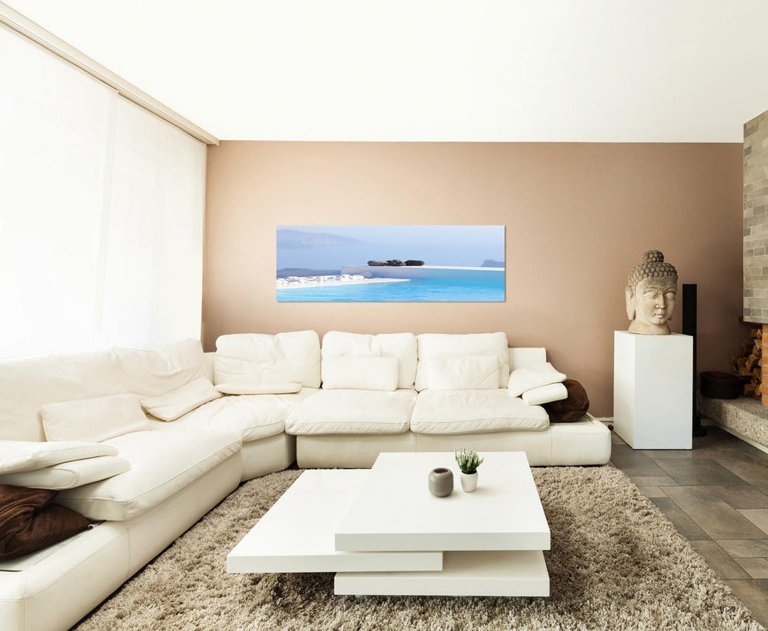 Paul Sinus Art Panoramabild auf Leinwand und Keilrahmen 120x40cm Santorini Pool Wasser Steine