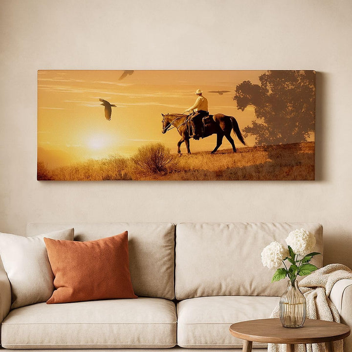 Wandbilder Dekoration Wohnzimmer Pferd Cowboy Bauernhof Reiten Panorama Bilder auf Leinwand 120x50cm