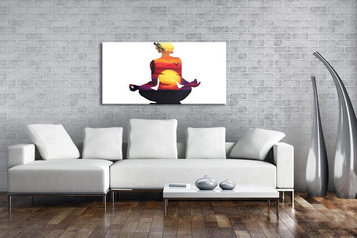 Sonnenstrahlen Meditation Panorama 60x30 cm als Leinwandbild, Motiv fertig gerahmt auf Echtholzrahme
