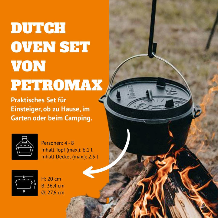 Petromax Feuertopf Starterset ft9-t (Dutch Oven Planer Boden) inkl. Deckelheber + Tasche + Pflegepas