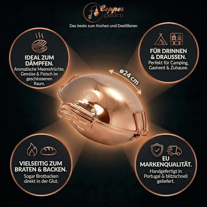 CopperGarden® Cataplana Bräter aus handverzinntem glattem Kupfer mit ca 24 cm Durchmesser I Portugie