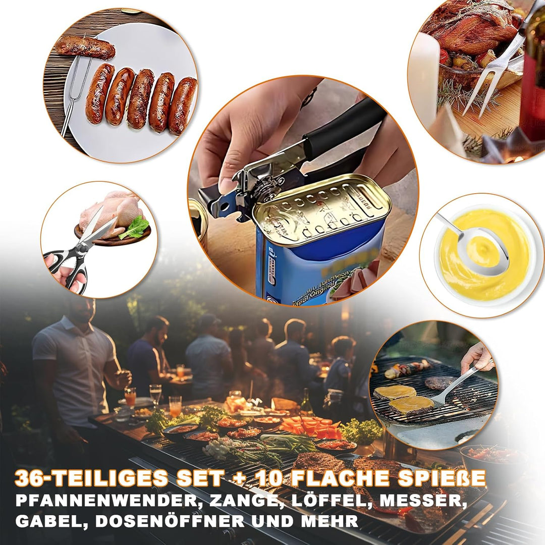 36 Stück Camping Kochutensilien Set, Edelstahl Campinggeschirr Kit mit Organizer Rucksack & 10 Grill