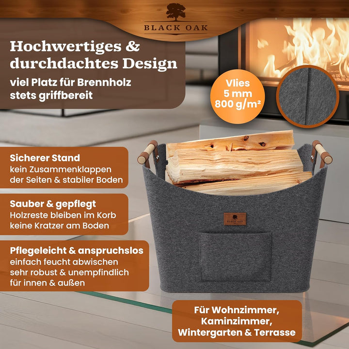 BLACK OAK Montana XL 60L Filzkorb &amp; Holzkorb für Kaminholz - Leder Applikation + rutschfeste Griffe