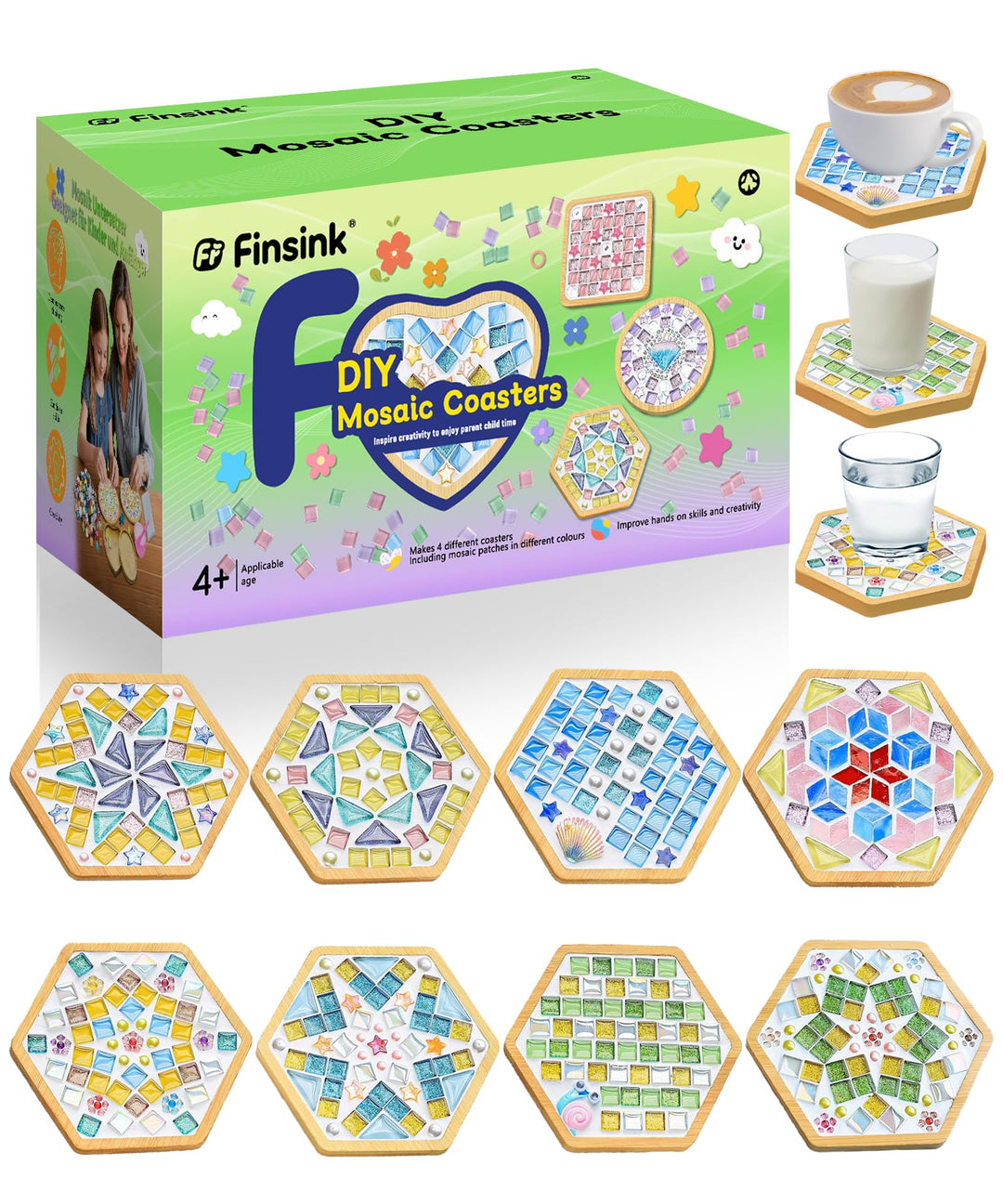 Finsink Mosaik bastelset kinder 8pcs mosaik untersetzer bastelset diy holz untersetzer Set Mosaikste