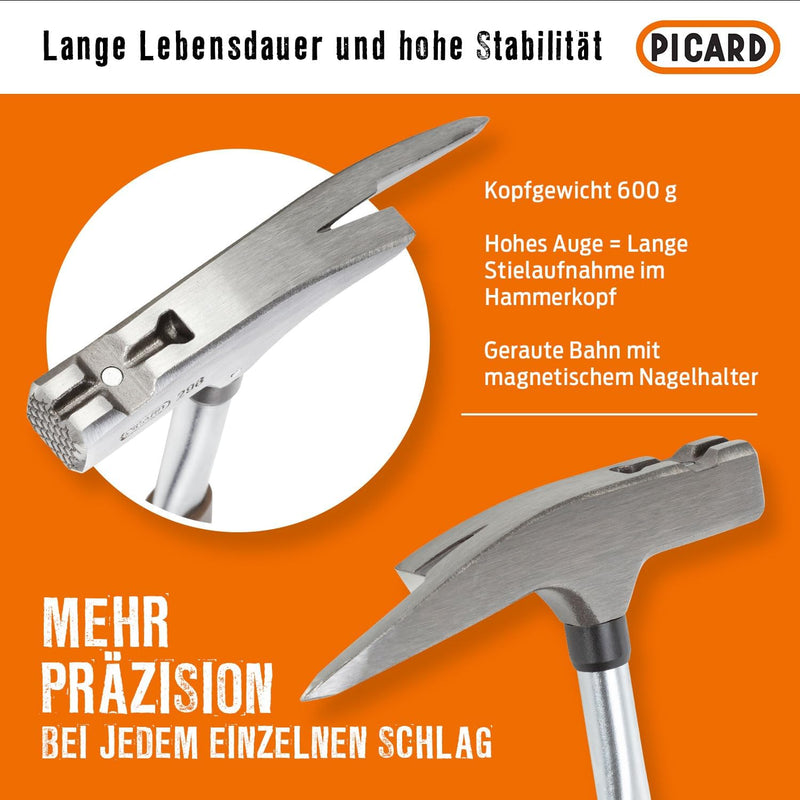 PICARD Latthammer 298 - mit magnetischem Nagelhalter + gerauhter Bahn - 600g | traditioneller Griff