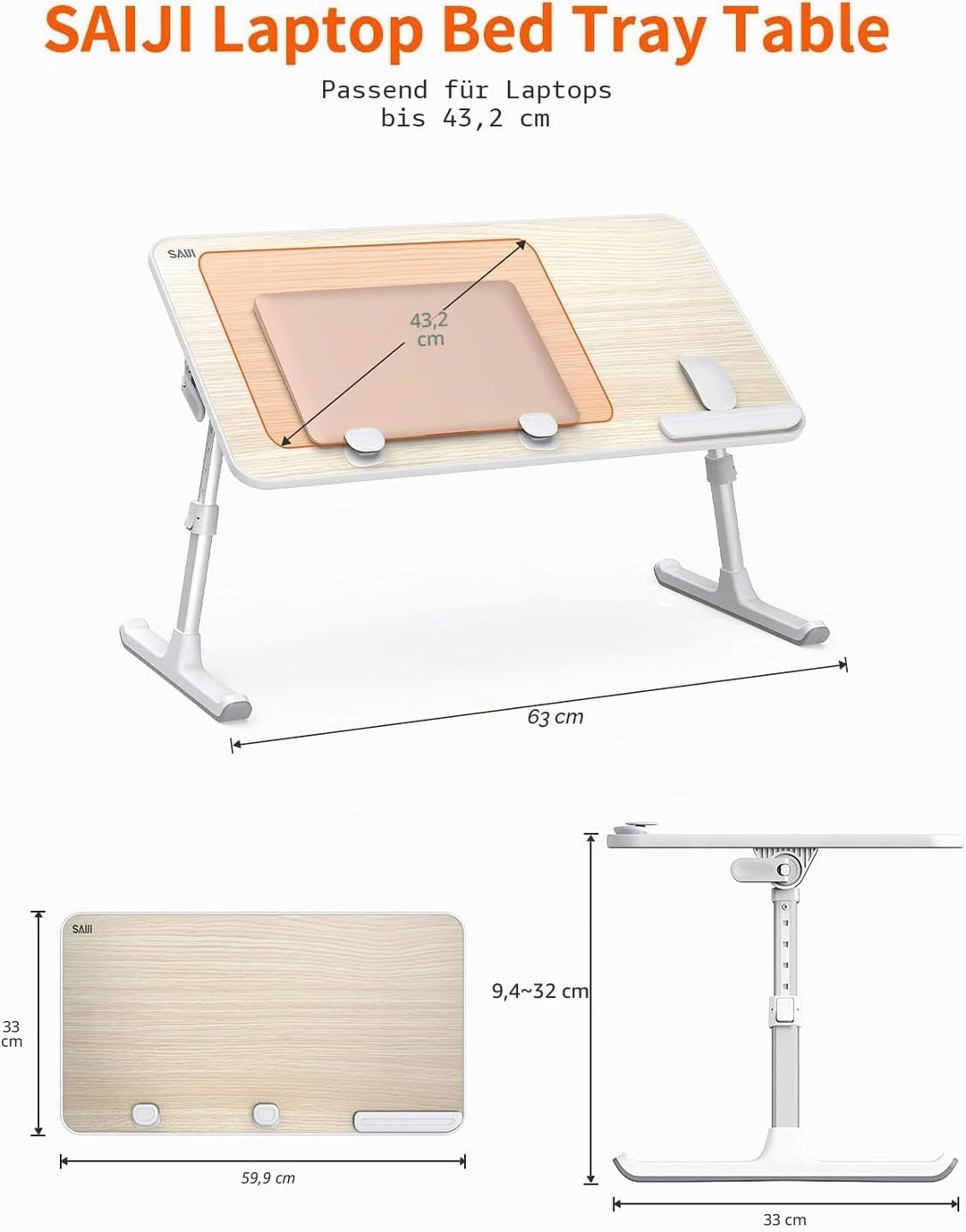 Tisch, laptoptisch, SAIJI Laptop Ständer,Frühstückstablett, 5 Höhen, 4 Winkel, Stabiler Klapptisch f