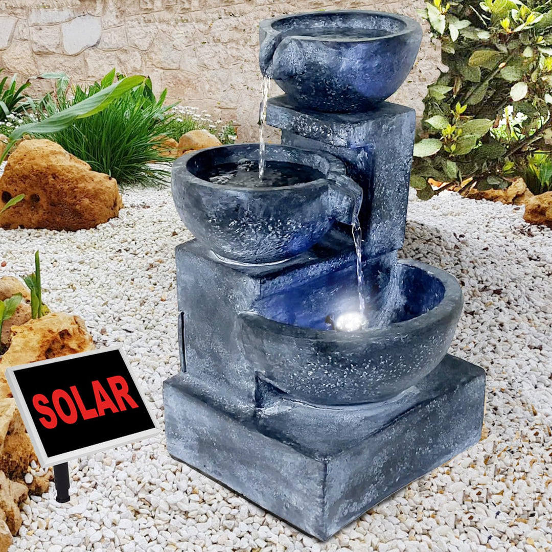 Gartenbrunnen Solarbrunnen Brunnen GRANITSCHALEN-Kaskade mit LED-Licht und Li-Ion-Akku, Vogelbad Was